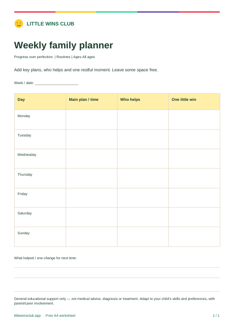 Weekly family planner worksheet preview