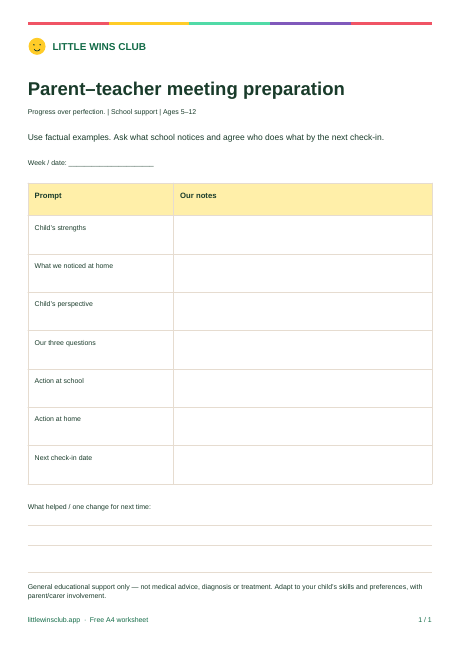 Parent–teacher meeting preparation worksheet preview