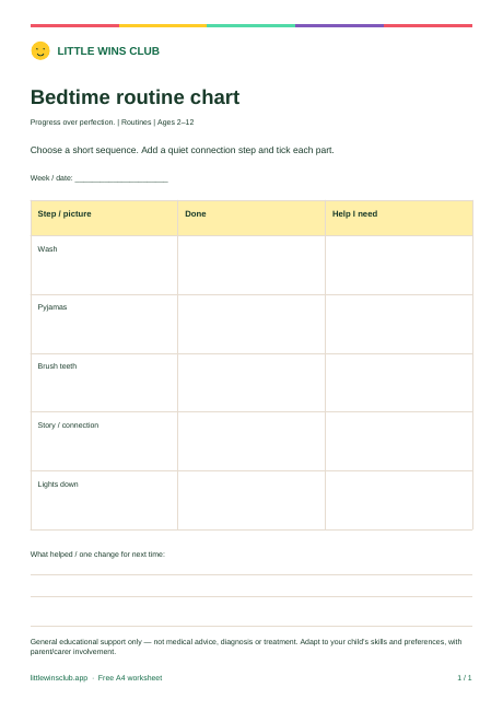 Bedtime routine chart worksheet preview