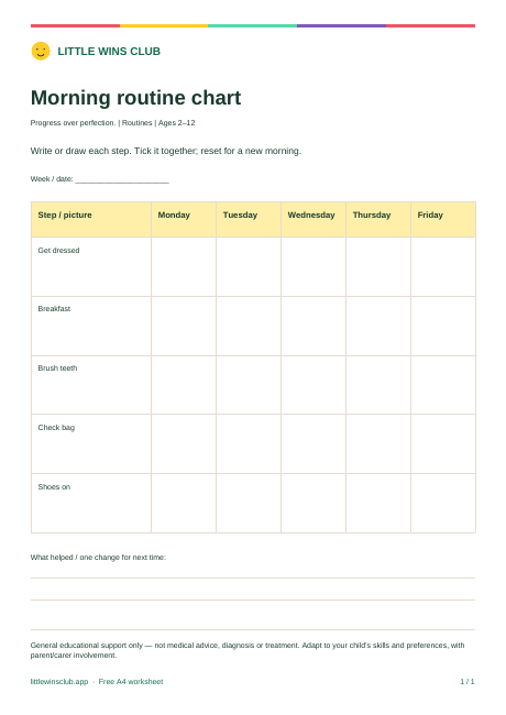 Morning routine chart worksheet preview