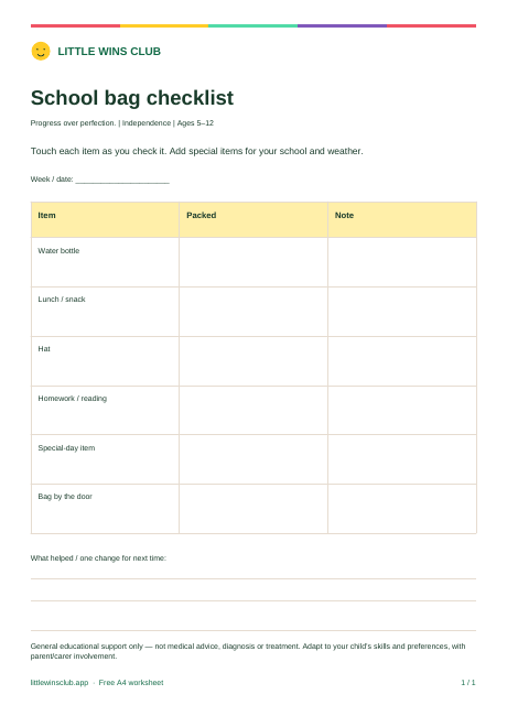 School bag checklist worksheet preview