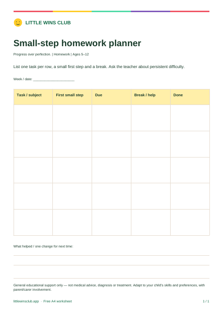 Small-step homework planner worksheet preview