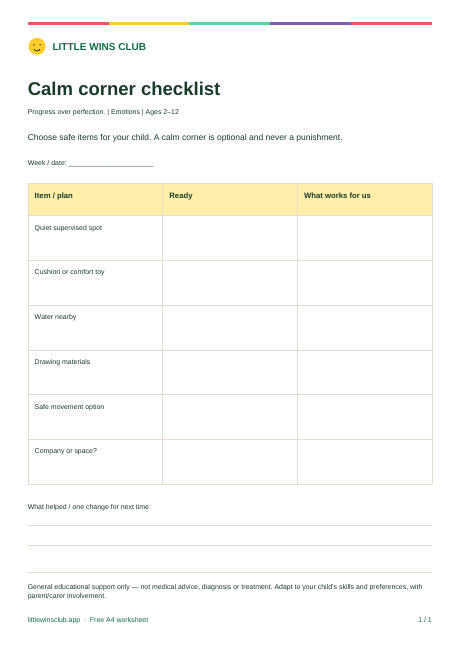 Calm corner checklist worksheet preview